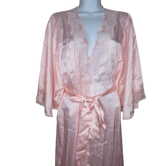 Vintage Full Length Satin Dressing Gown Robe L Pink Lace Belted Bell Sleeve NEW - Picture 3 of 10